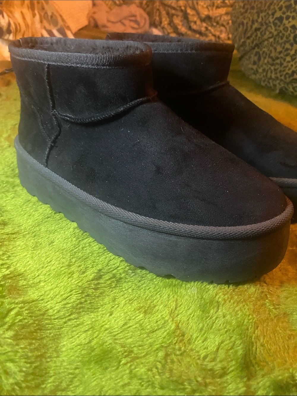 Black Suede Platform Slip-On Olivia & Kate Blk Platform Ankle Boots Faux Fur